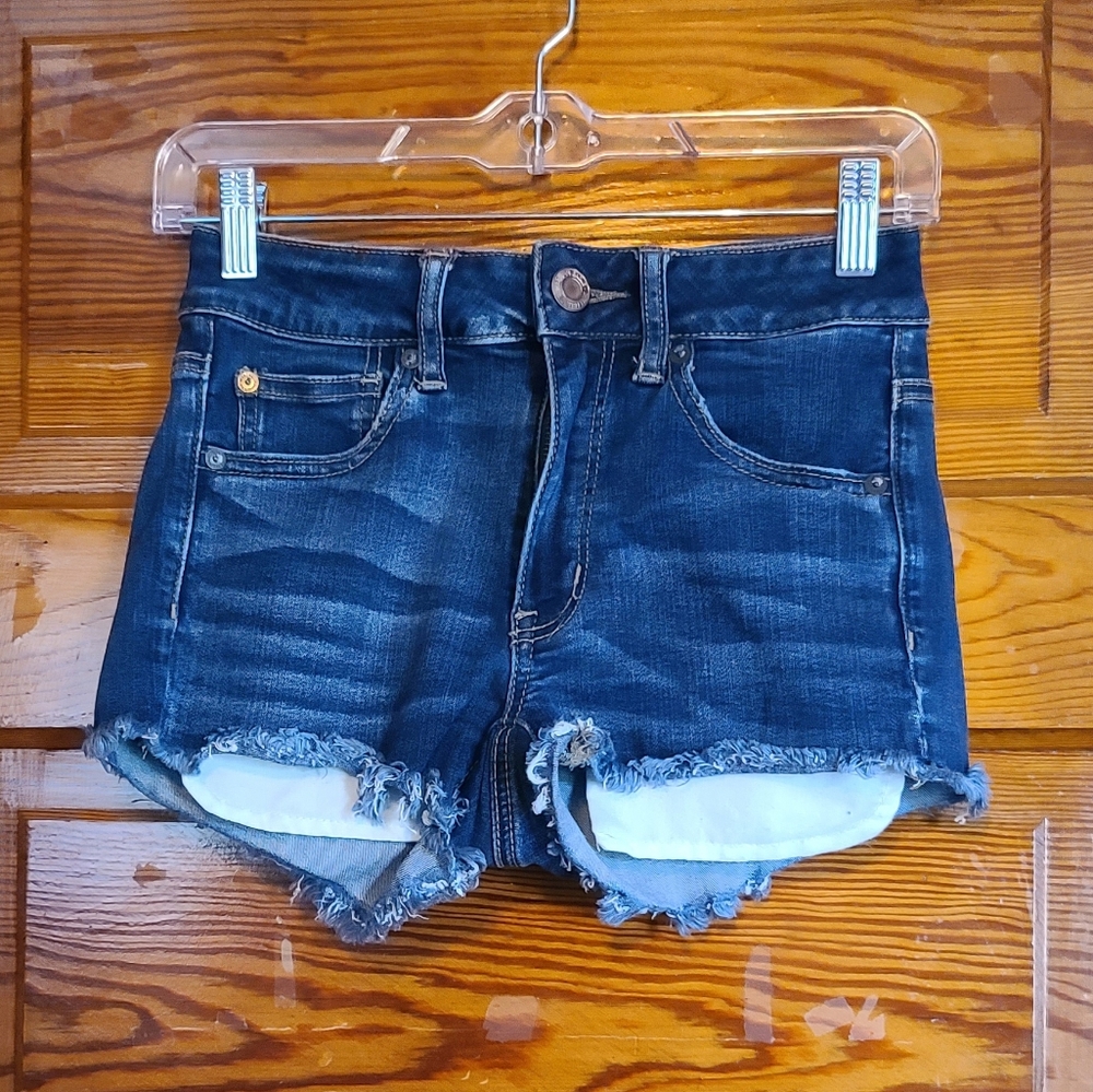 2/$10 American Eagle Hi-Rise Shortie Dark Wash Super Stretch Shorts Raw Hem Sz 2